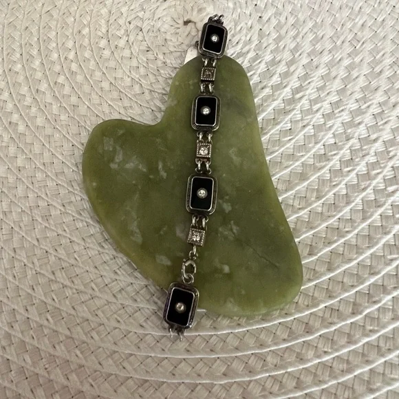 Antique Art Deco Black Onyx Clear Diamond Paste Sterling Silver Link Bracelet - Picture 3 of 8